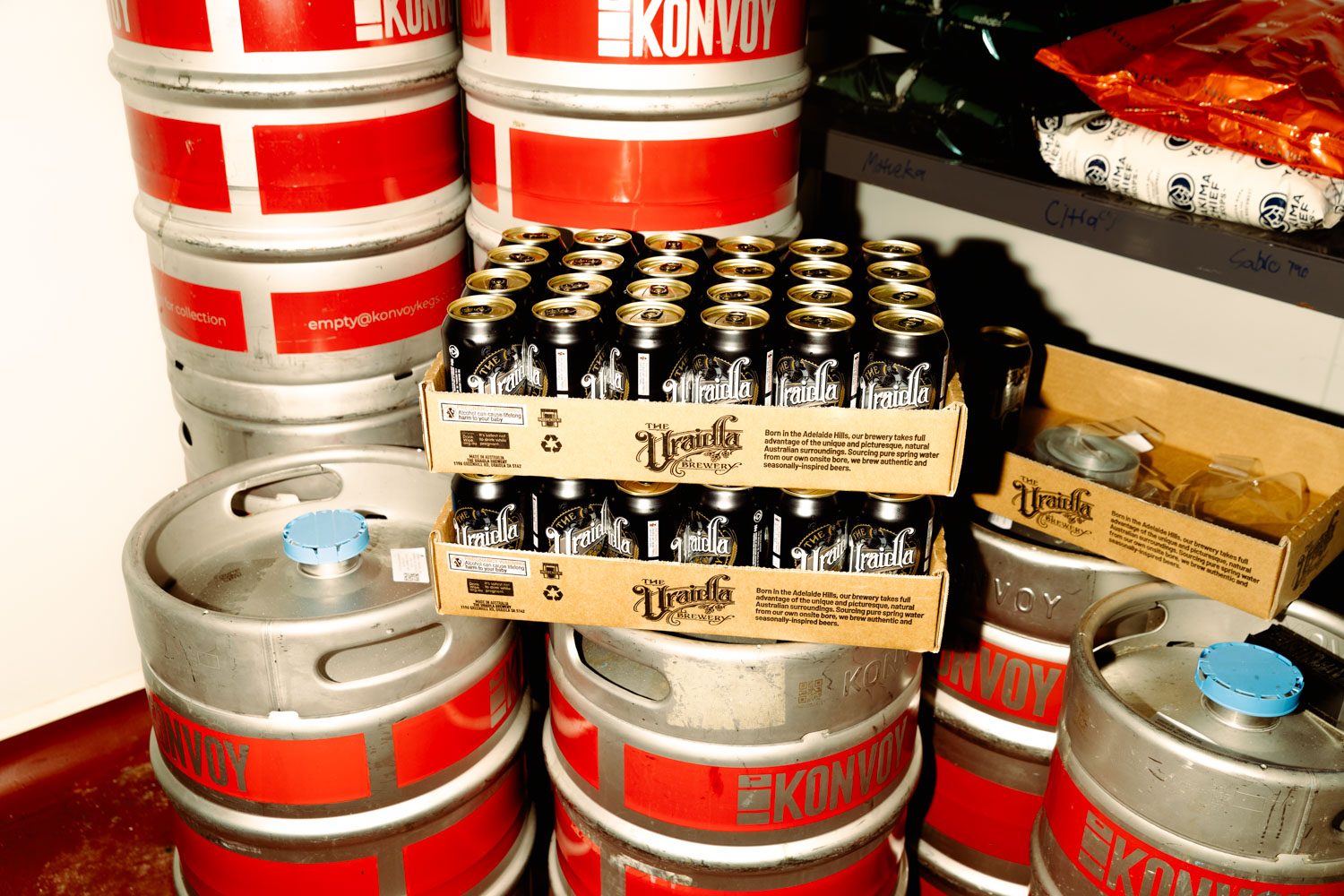 Uraidla Brewery kegs and cartons of canned beer